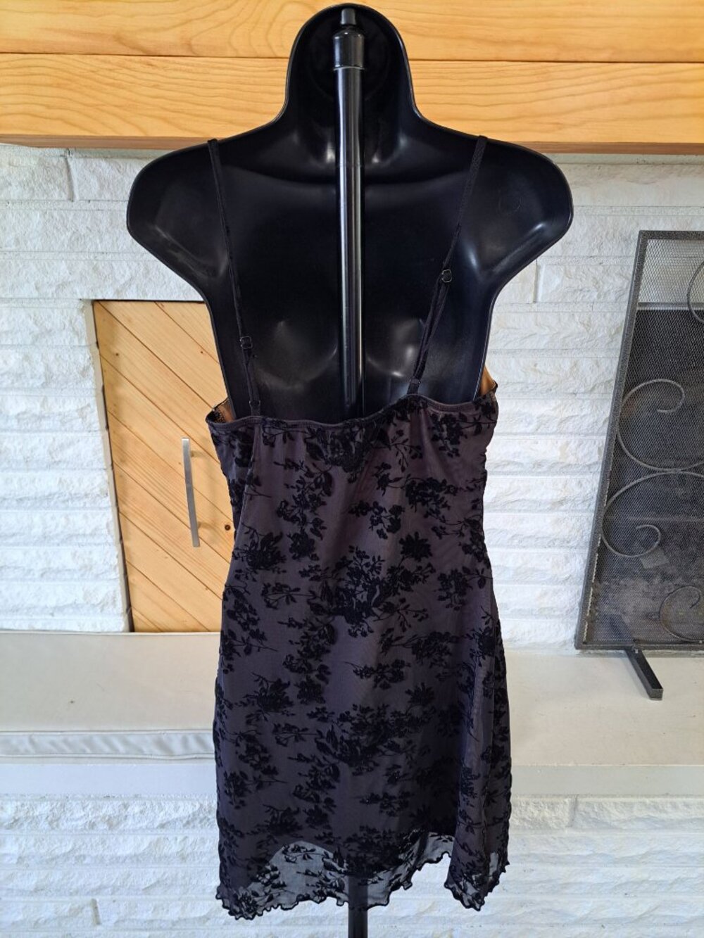 Y2K Velvet Burnout Milkmaid Floral Black Mini Dress  Adjustable Ruffle Medium - Picture 5 of 10